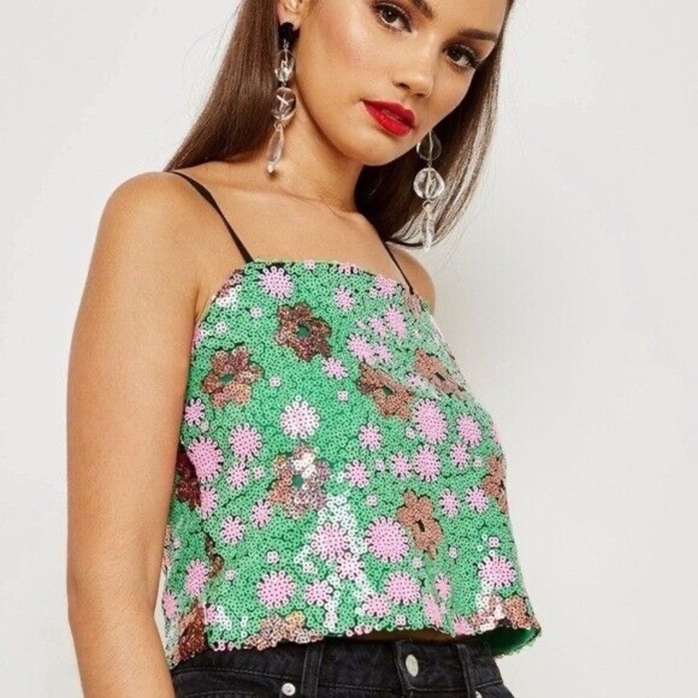 Floral Sequin Green Top TopShop Flower Sequin Cami Top Crop Top Green and Pink